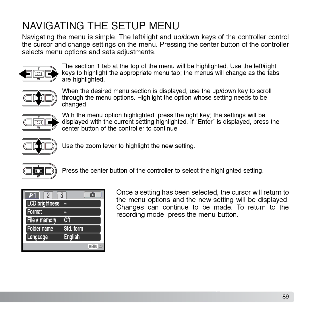 Cyber Acoustics DiMAGE Xg instruction manual Navigating the Setup Menu 