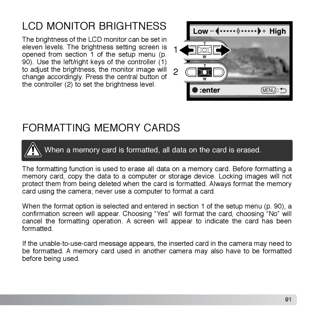 Cyber Acoustics DiMAGE Xg instruction manual LCD Monitor Brightness, Formatting Memory Cards 