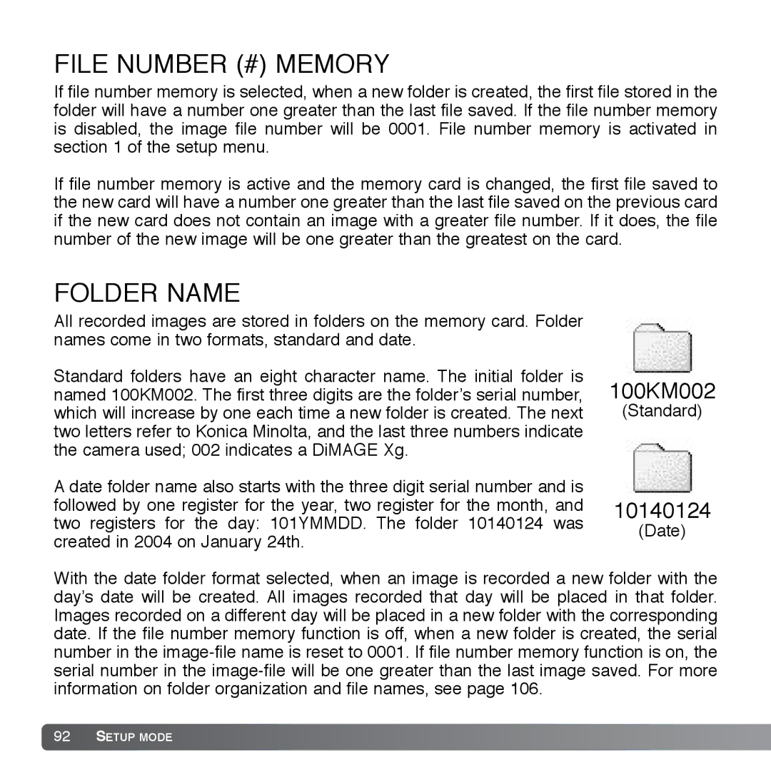 Cyber Acoustics DiMAGE Xg instruction manual File Number # Memory, Folder Name 