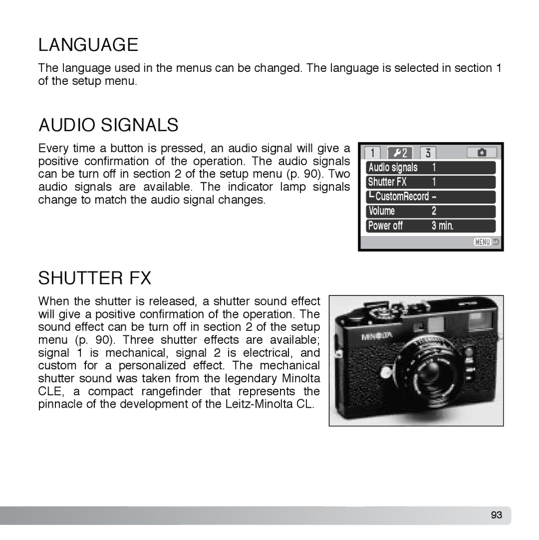 Cyber Acoustics DiMAGE Xg instruction manual Language, Audio Signals, Shutter FX 