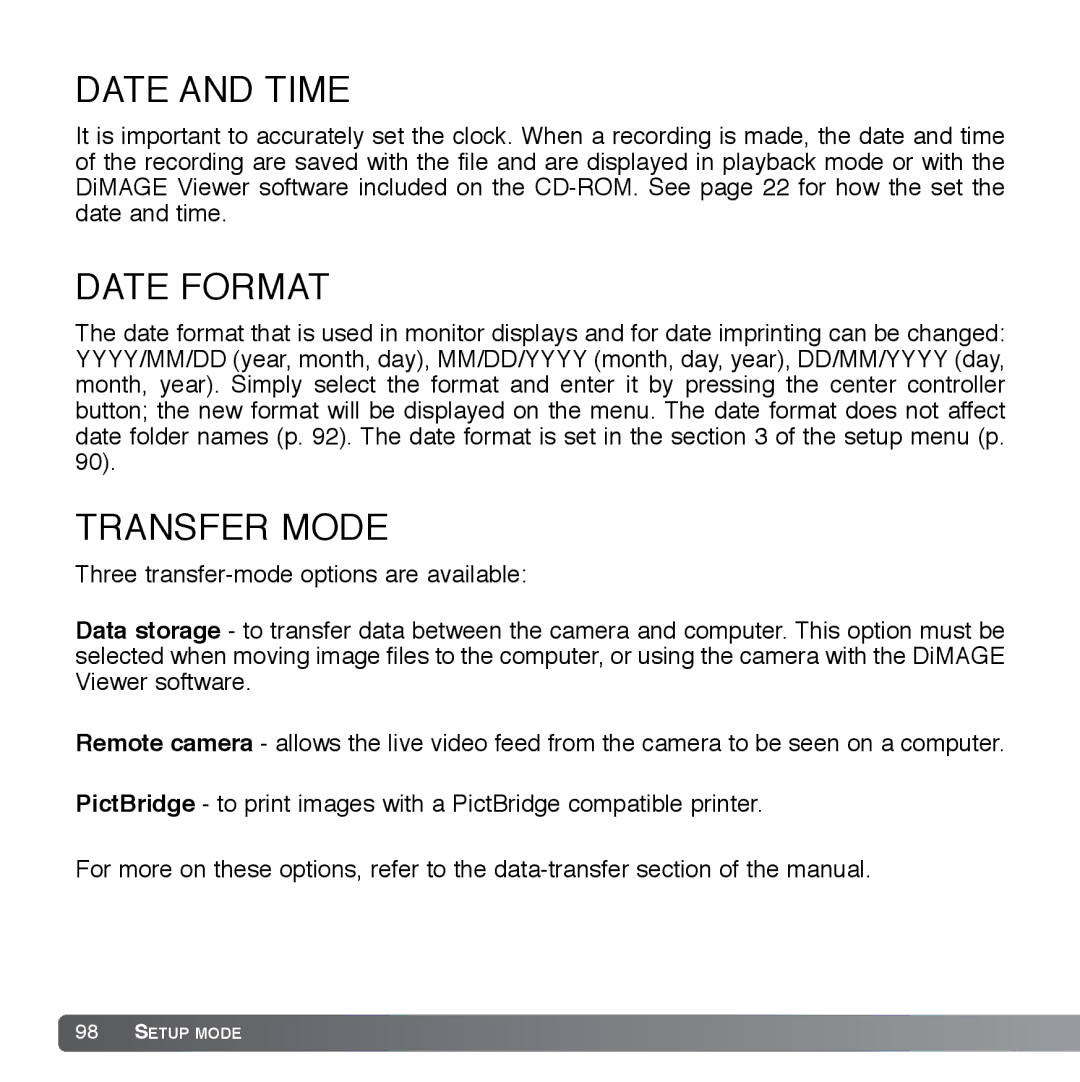 Cyber Acoustics DiMAGE Xg instruction manual Date and Time, Date Format, Transfer Mode 