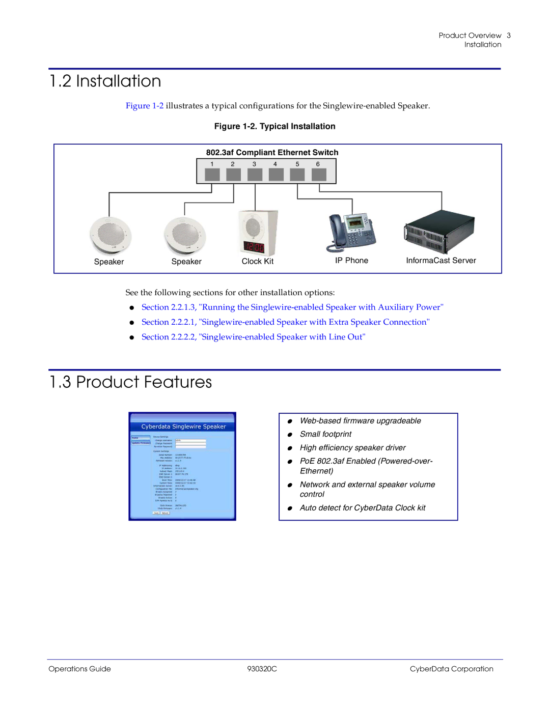 CyberData 11103 manual Installation, Product Features, Speaker Clock Kit IP Phone 