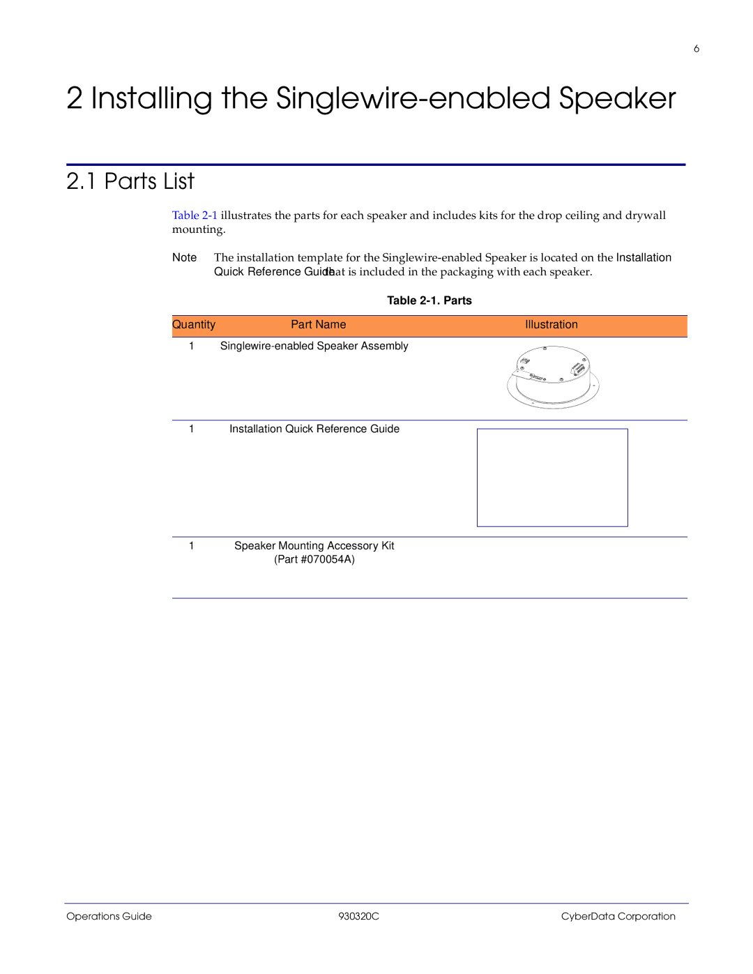 CyberData 11103 manual Installing the Singlewire-enabled Speaker, Parts List, Parts Quantity Part Name Illustration 