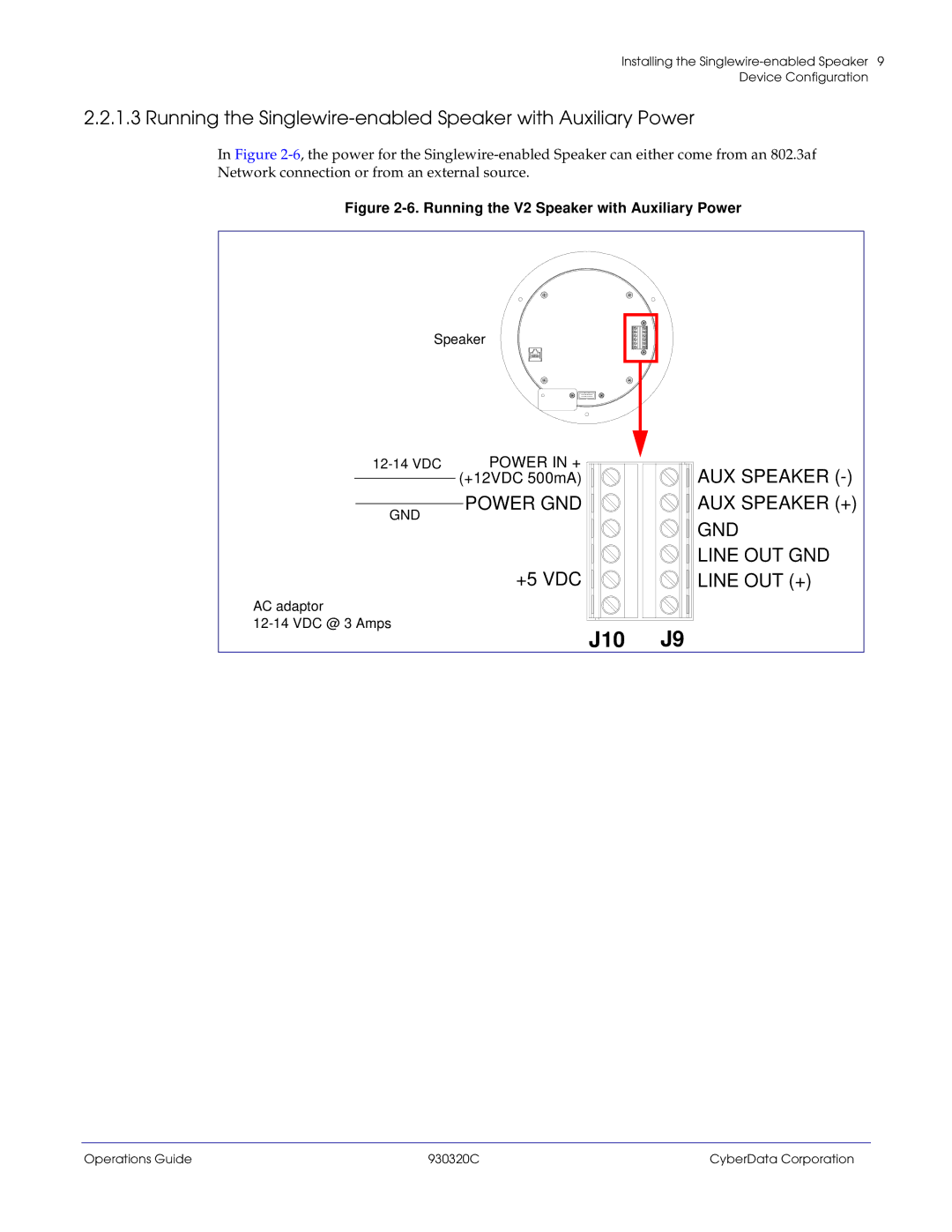 CyberData 11103 manual Running the Singlewire-enabled Speaker with Auxiliary Power, +5 VDC, AC adaptor VDC @ 3 Amps 