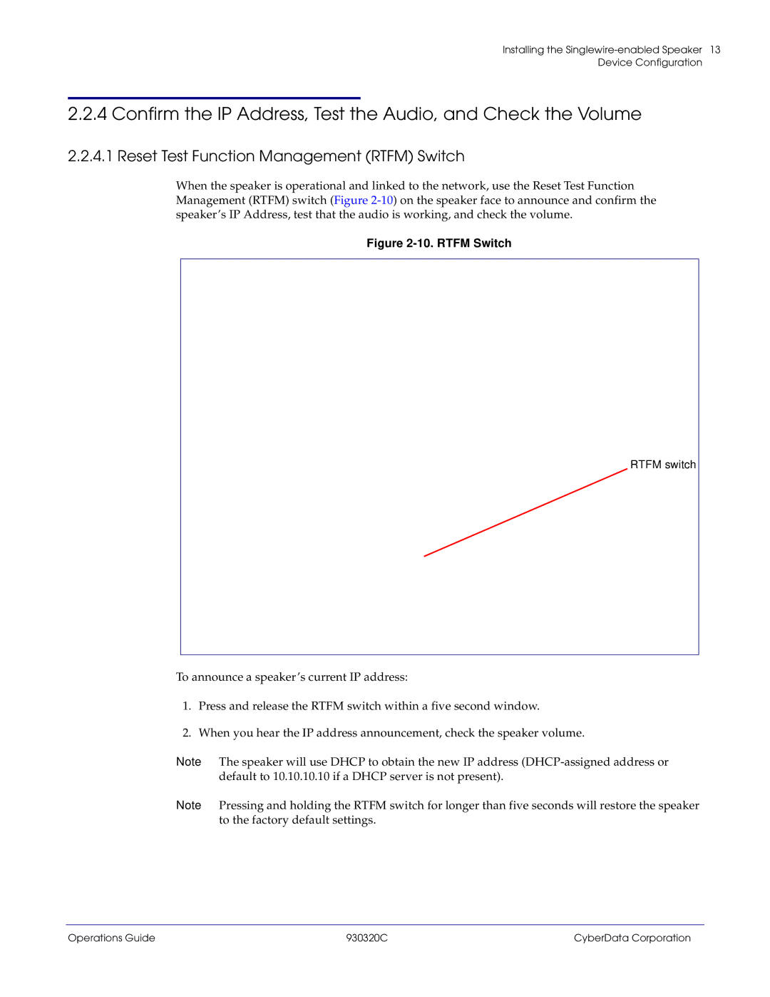 CyberData 11103 manual Reset Test Function Management Rtfm Switch, Rtfm switch 