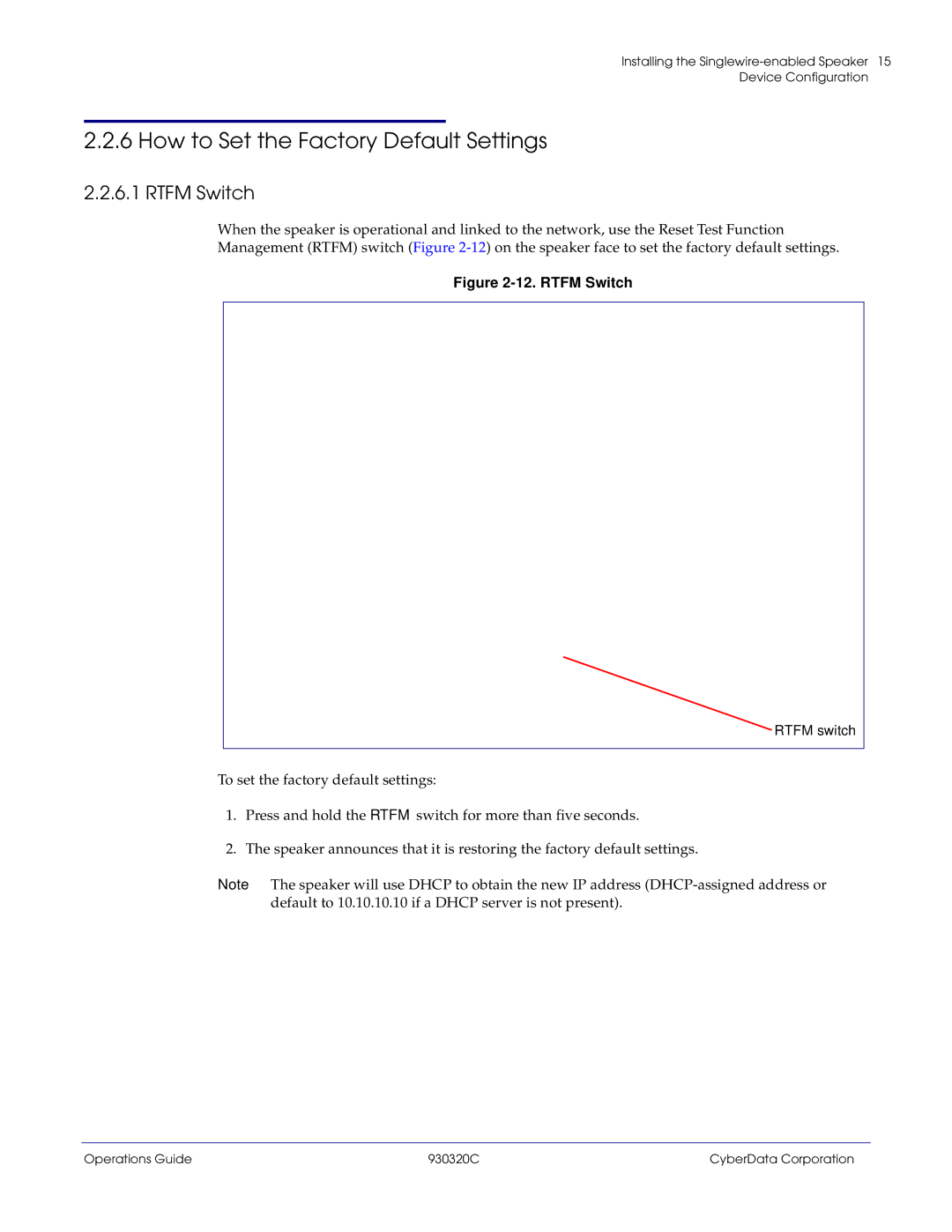 CyberData 11103 manual How to Set the Factory Default Settings, Rtfm Switch 