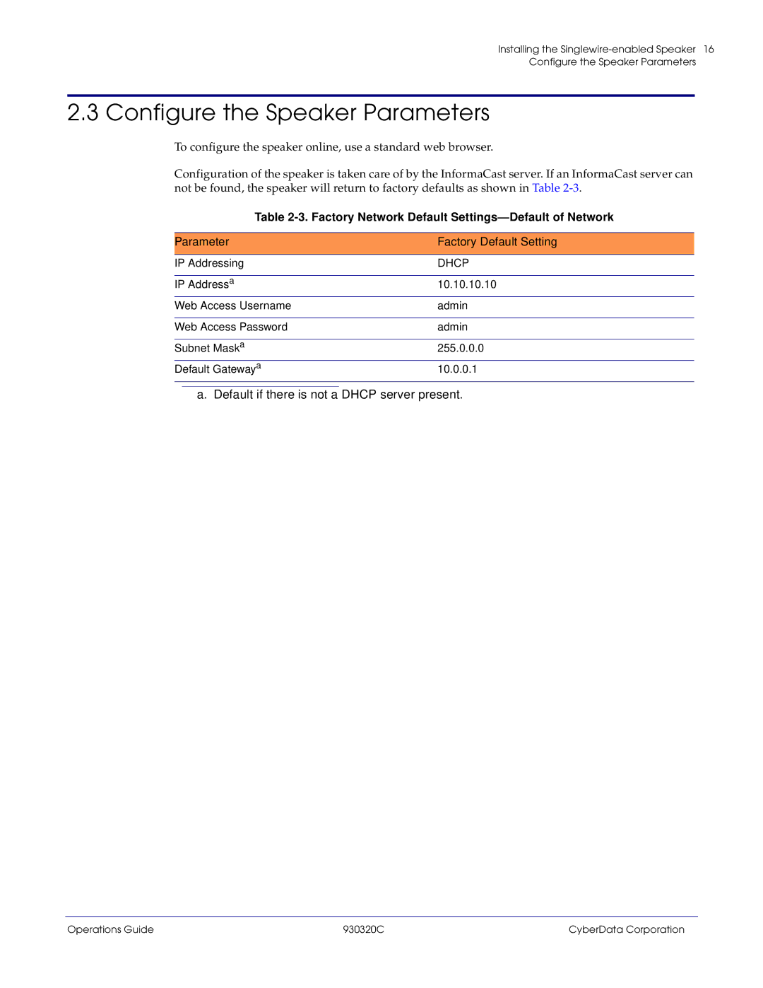 CyberData 11103 manual Configure the Speaker Parameters, IP Addressing 