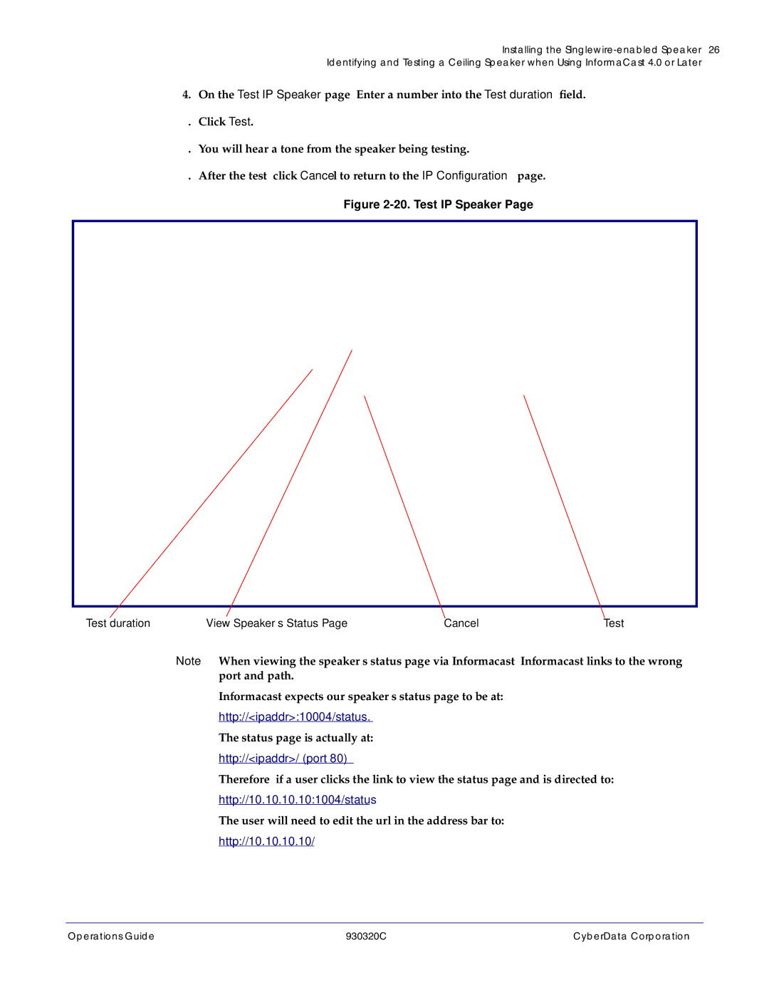 CyberData 11103 manual Test IP Speaker, Test duration View Speaker’s Status Cancel 