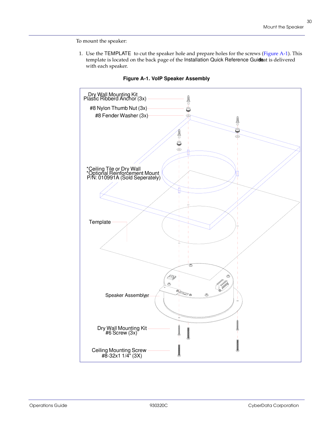 CyberData 11103 manual SpeakerVoIP V2AssSpeakermbly, Ceiling Mounting Screw #8-32x1 1/4 