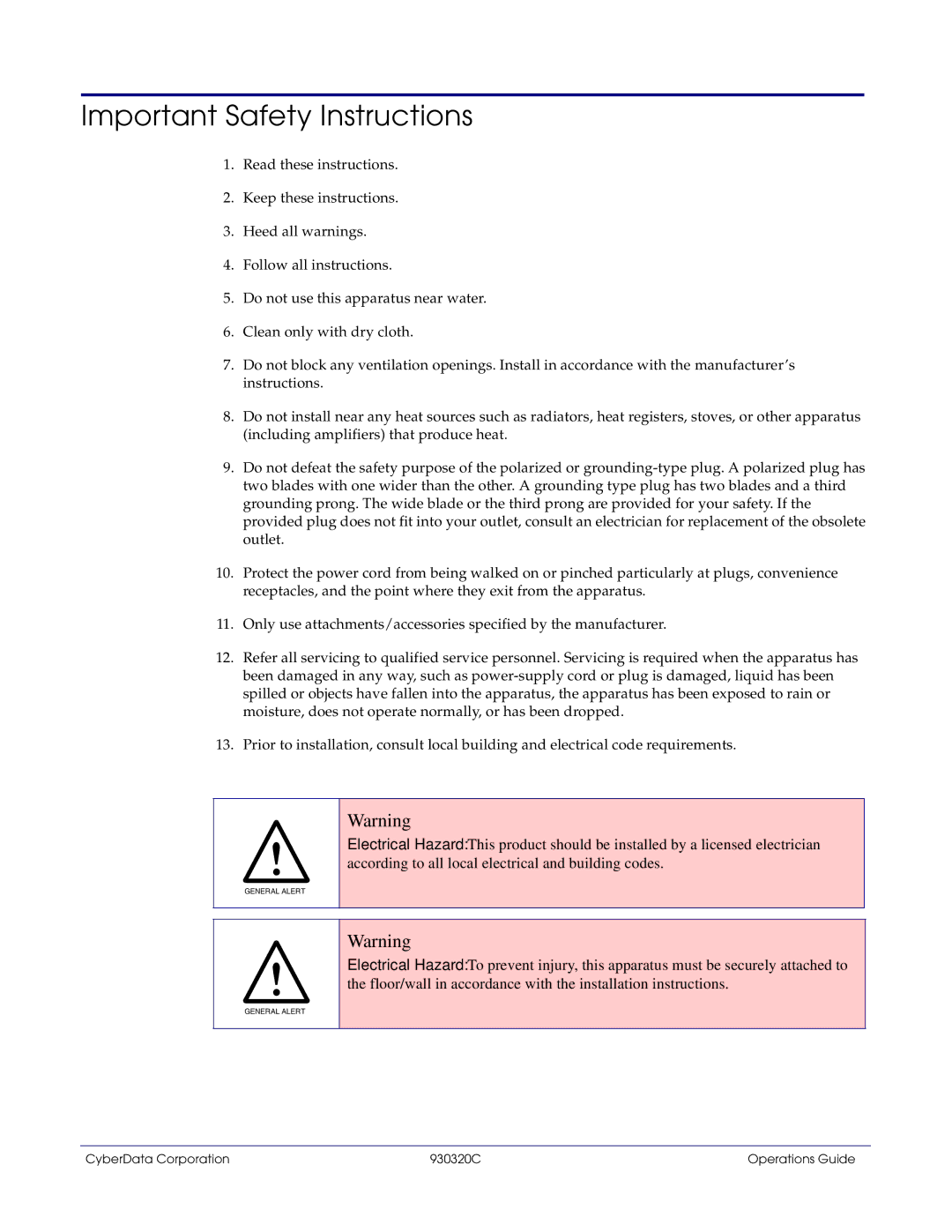 CyberData 11103 manual Important Safety Instructions 