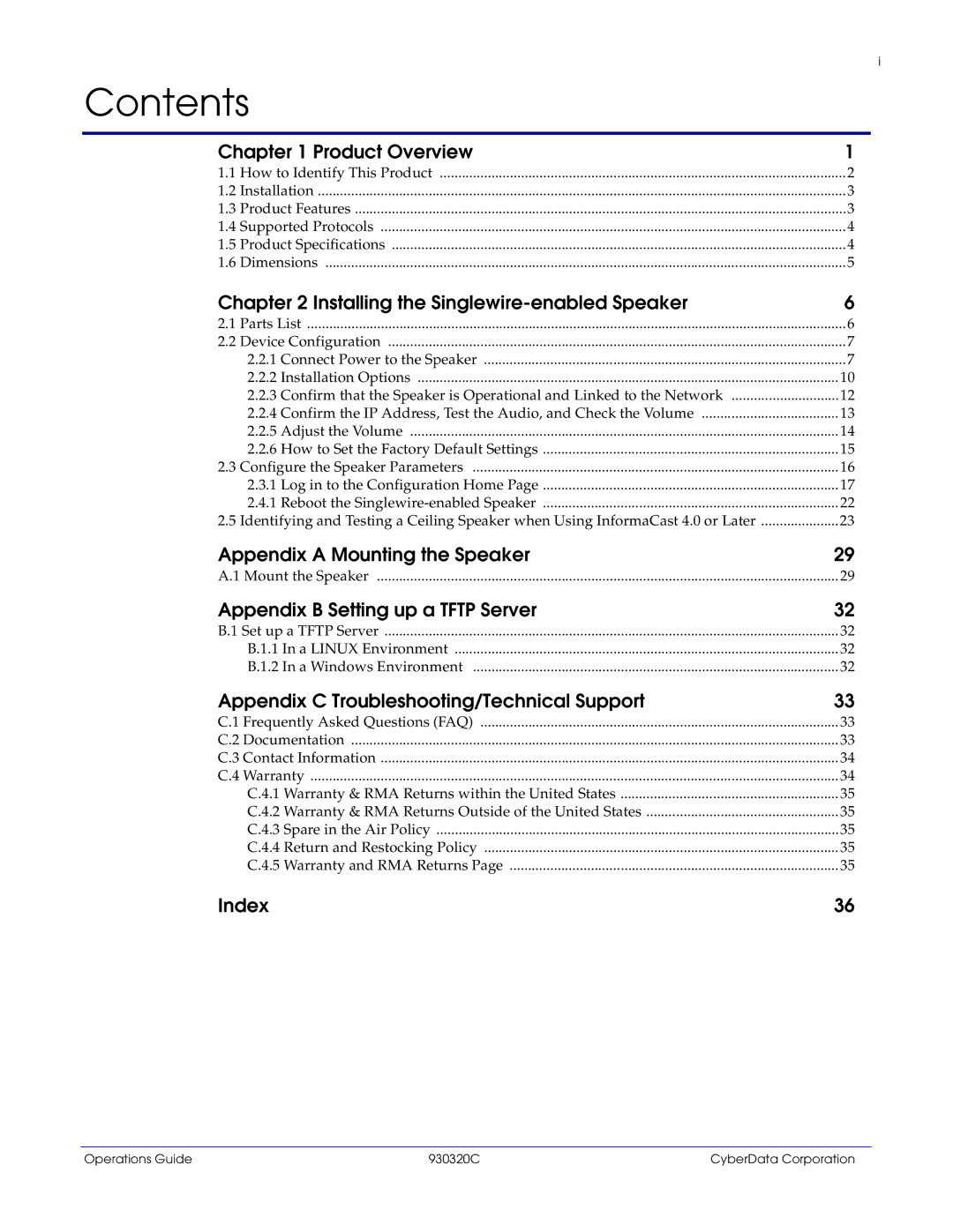 CyberData 11103 manual Contents 