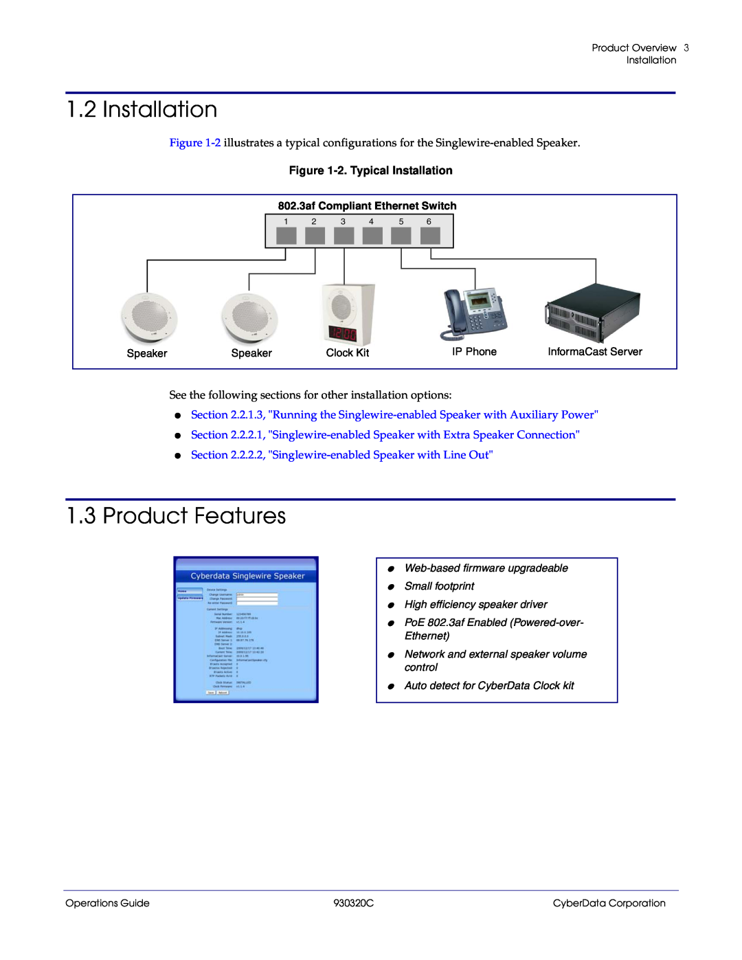 CyberData 11103 manual 1.3Product Features, 2.Typical Installation, 802.3af Compliant Ethernet Switch 