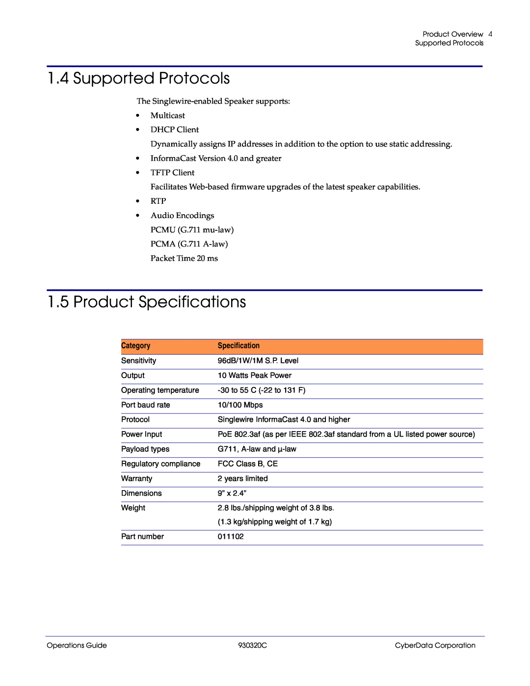 CyberData 11103 manual Supported Protocols, 1.5Product Specifications, Category 