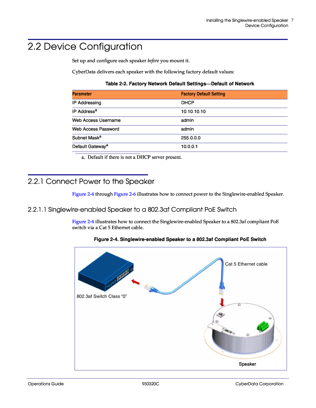 CyberData 11103 manual Device Configuration, 2.2.1Connect Power to the Speaker, Parameter, Factory Default Setting 