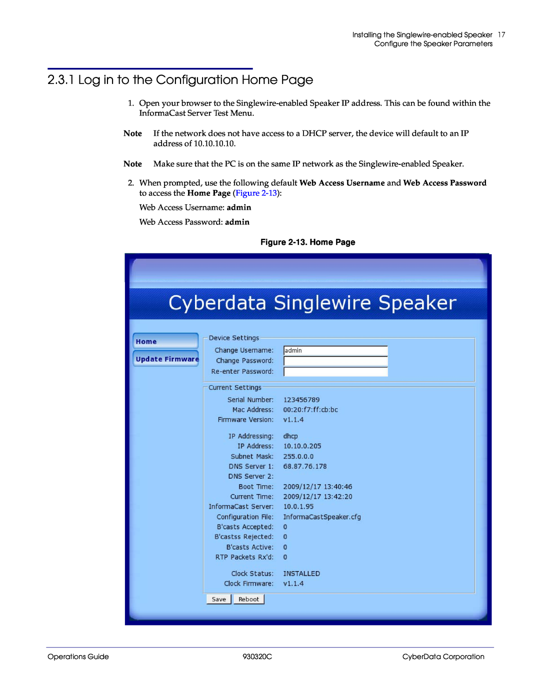 CyberData 11103 manual Log in to the Configuration Home Page, 13.Home Page 