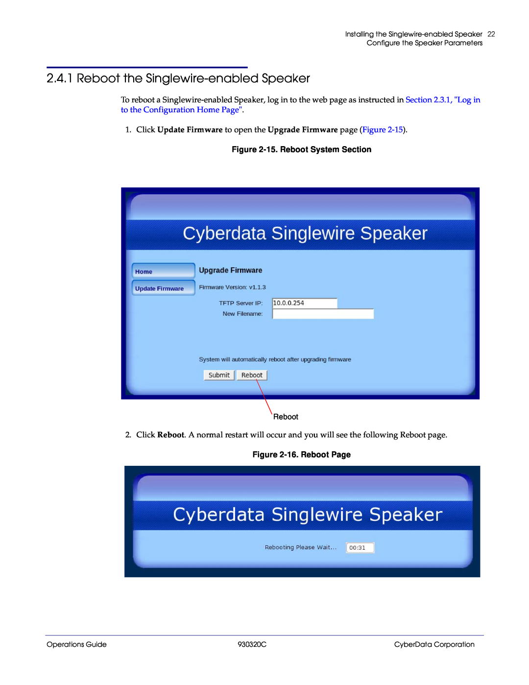 CyberData 11103 manual Reboot the Singlewire-enabledSpeaker, 15.Reboot System Section, 16.Reboot Page 