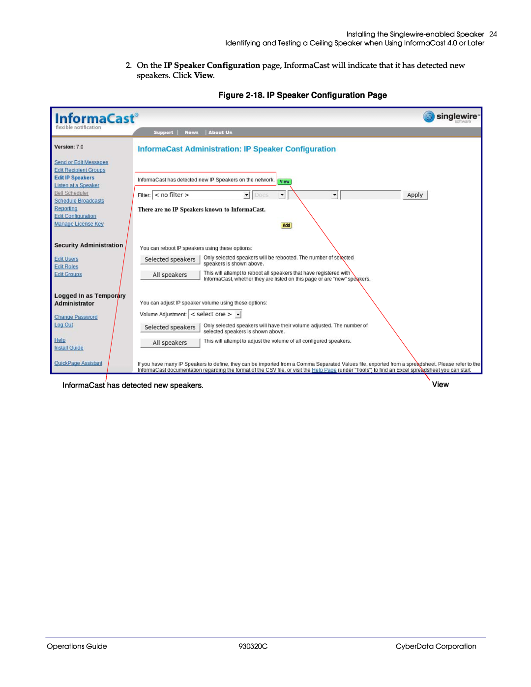 CyberData 11103 18.IP Speaker Configuration Page, Installing the Singlewire-enabledSpeaker, Operations Guide, 930320C 