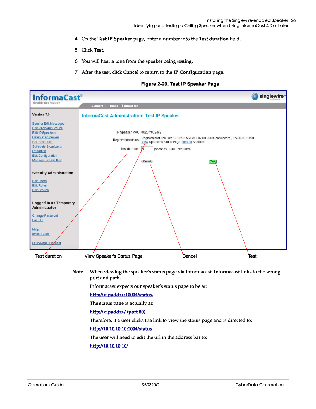 CyberData 11103 manual 20.Test IP Speaker Page 