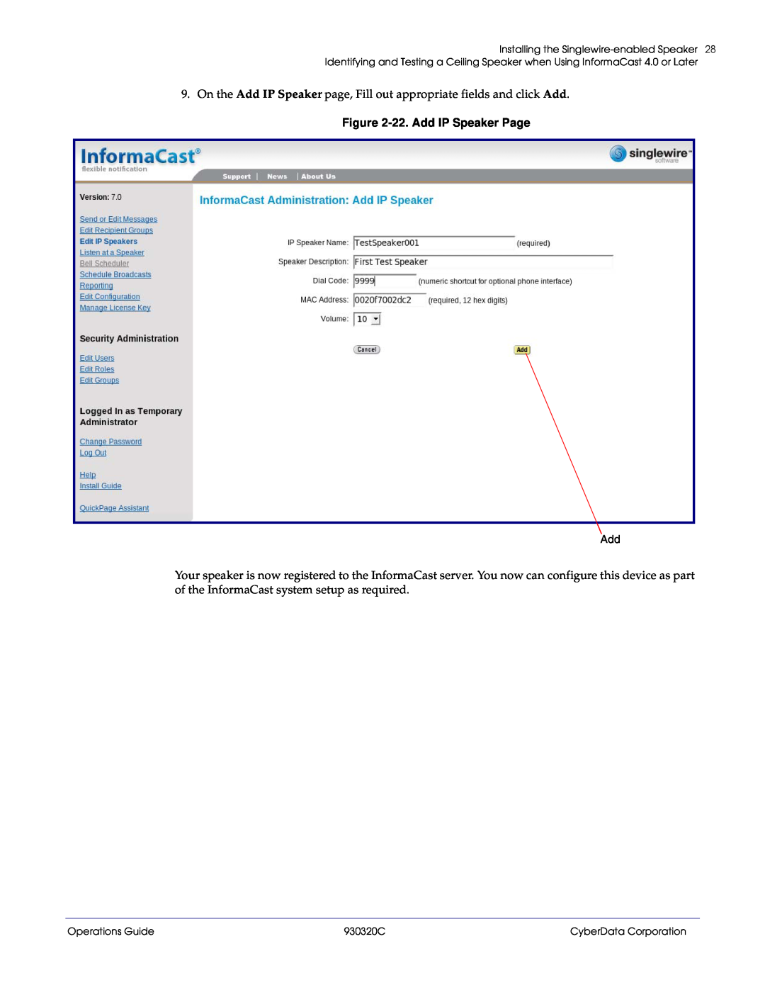 CyberData 11103 manual 22.Add IP Speaker Page 