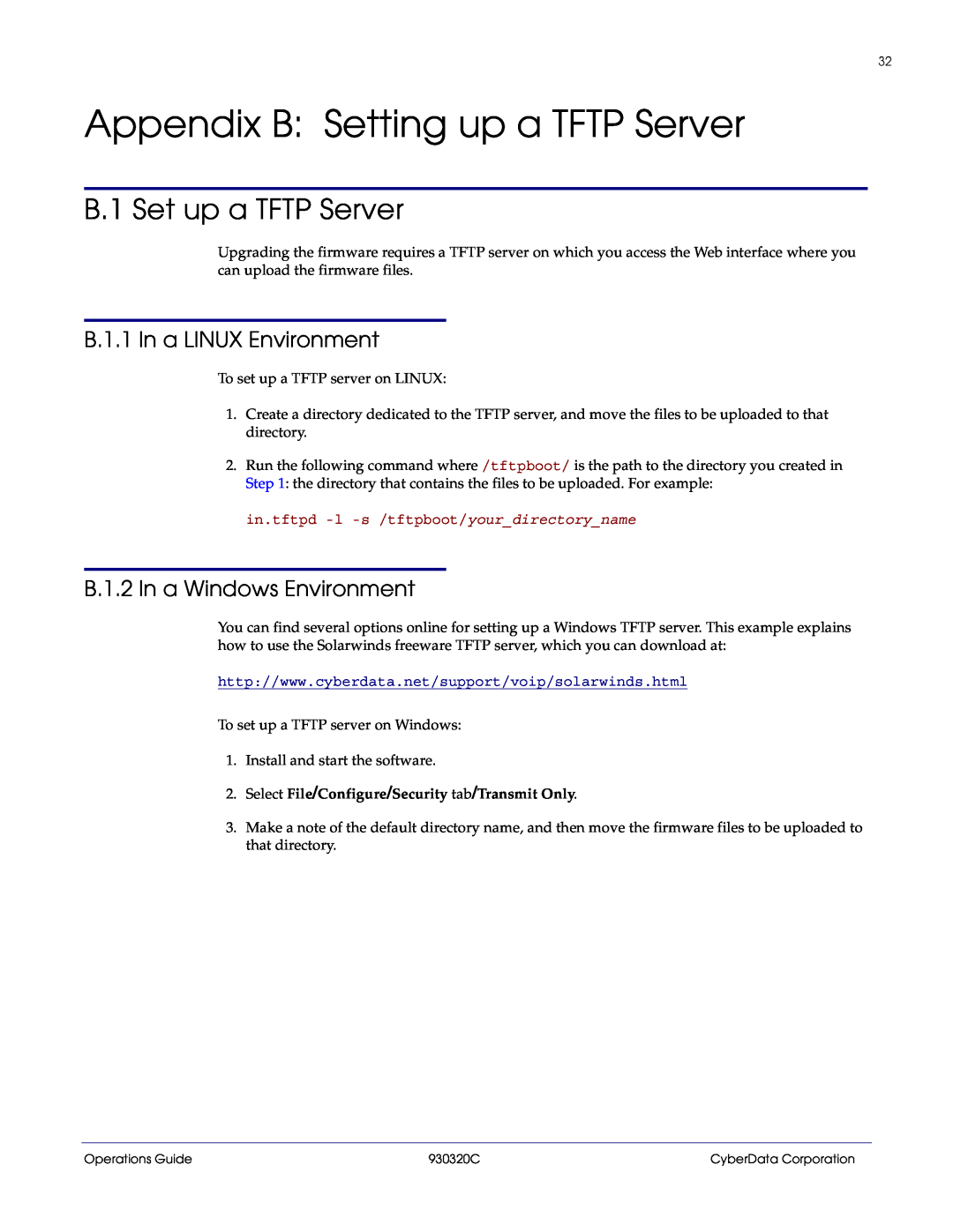 CyberData 11103 manual Appendix B: Setting up a TFTP Server, B.1 Set up a TFTP Server, B.1.1 In a LINUX Environment 