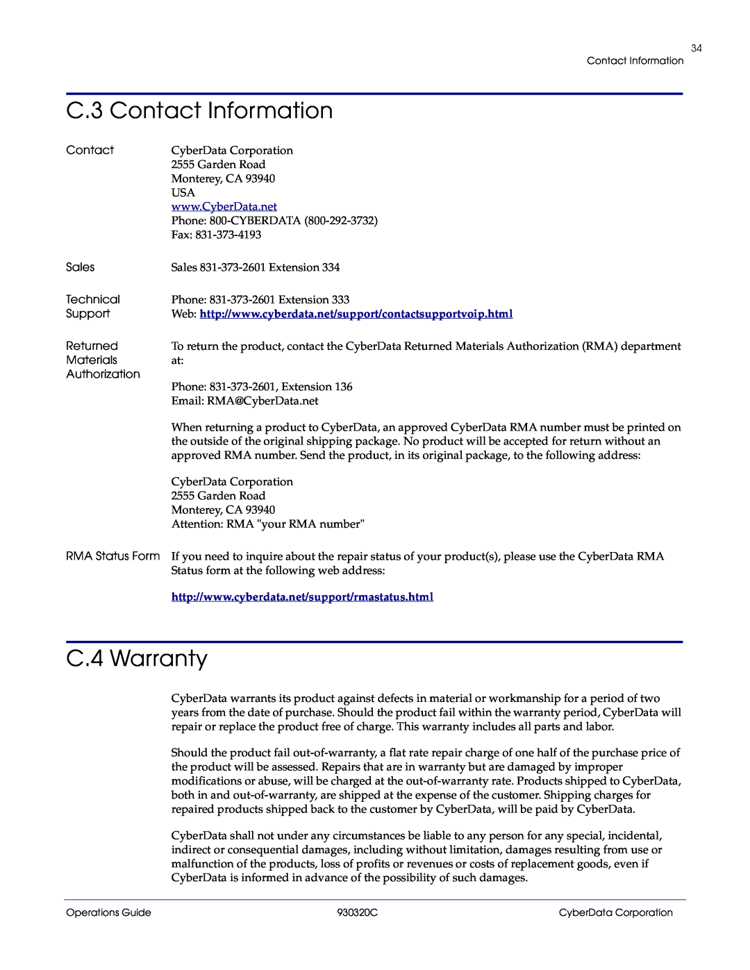 CyberData 11103 manual C.3 Contact Information, C.4 Warranty 