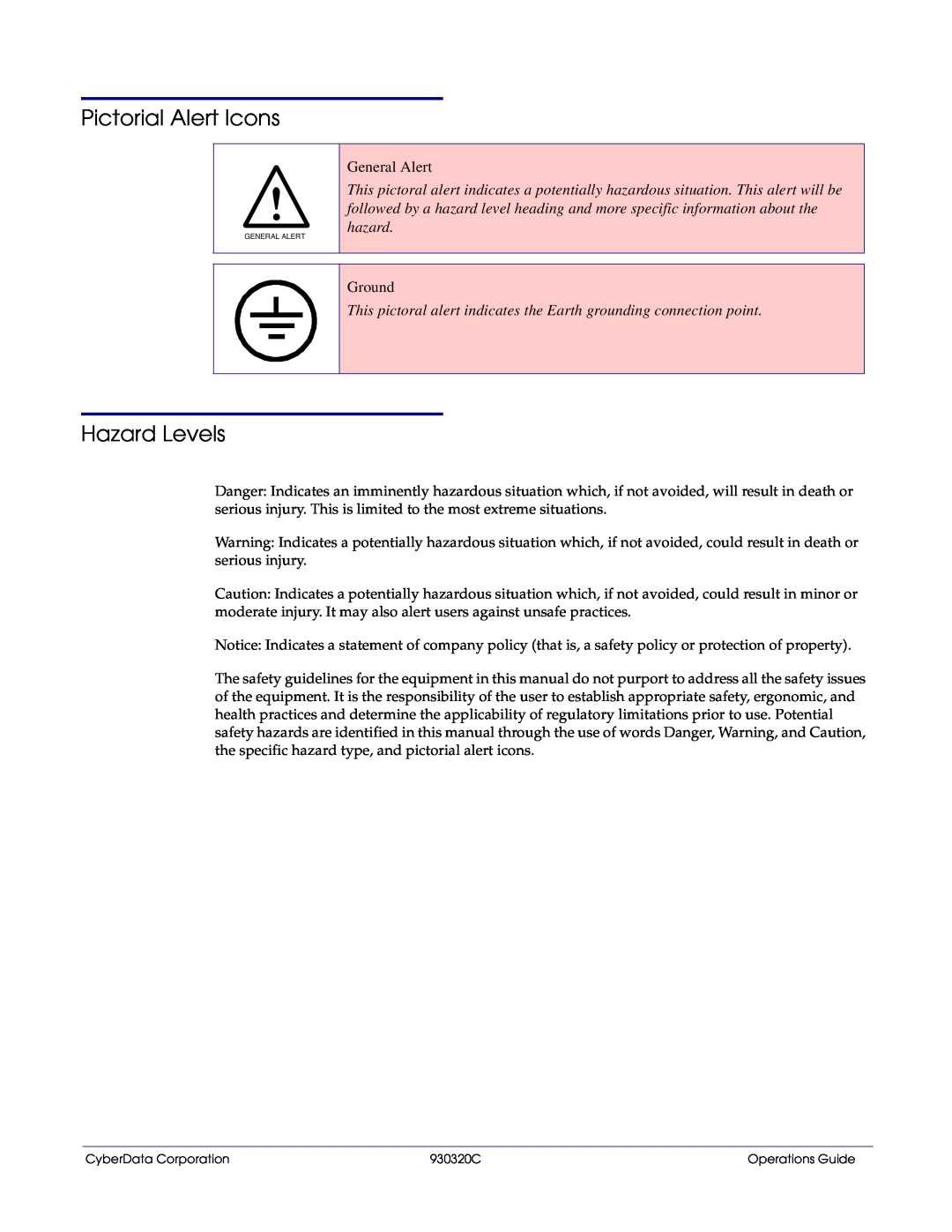 CyberData 11103 manual Pictorial Alert Icons, Hazard Levels, General Alert, Ground 