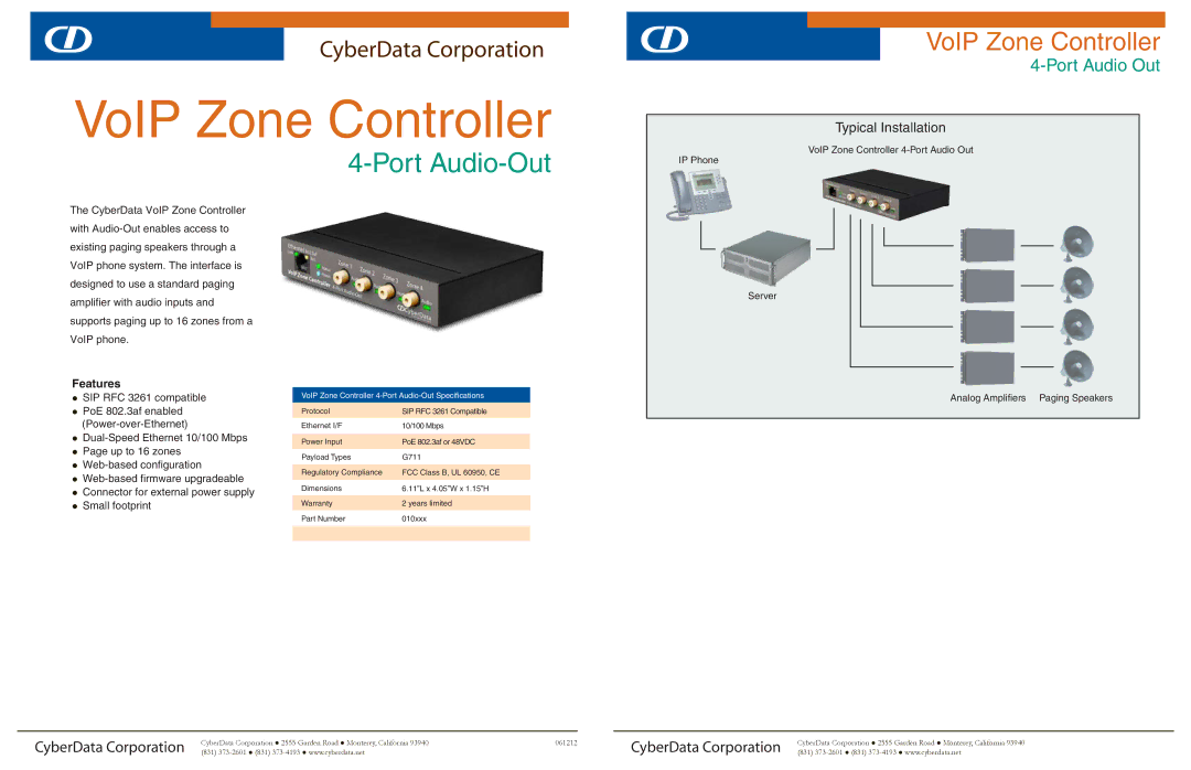 CyberData 4-Port dimensions VoIP Zone Controller, Port Audio-Out, Port Audio Out, Typical Installation 