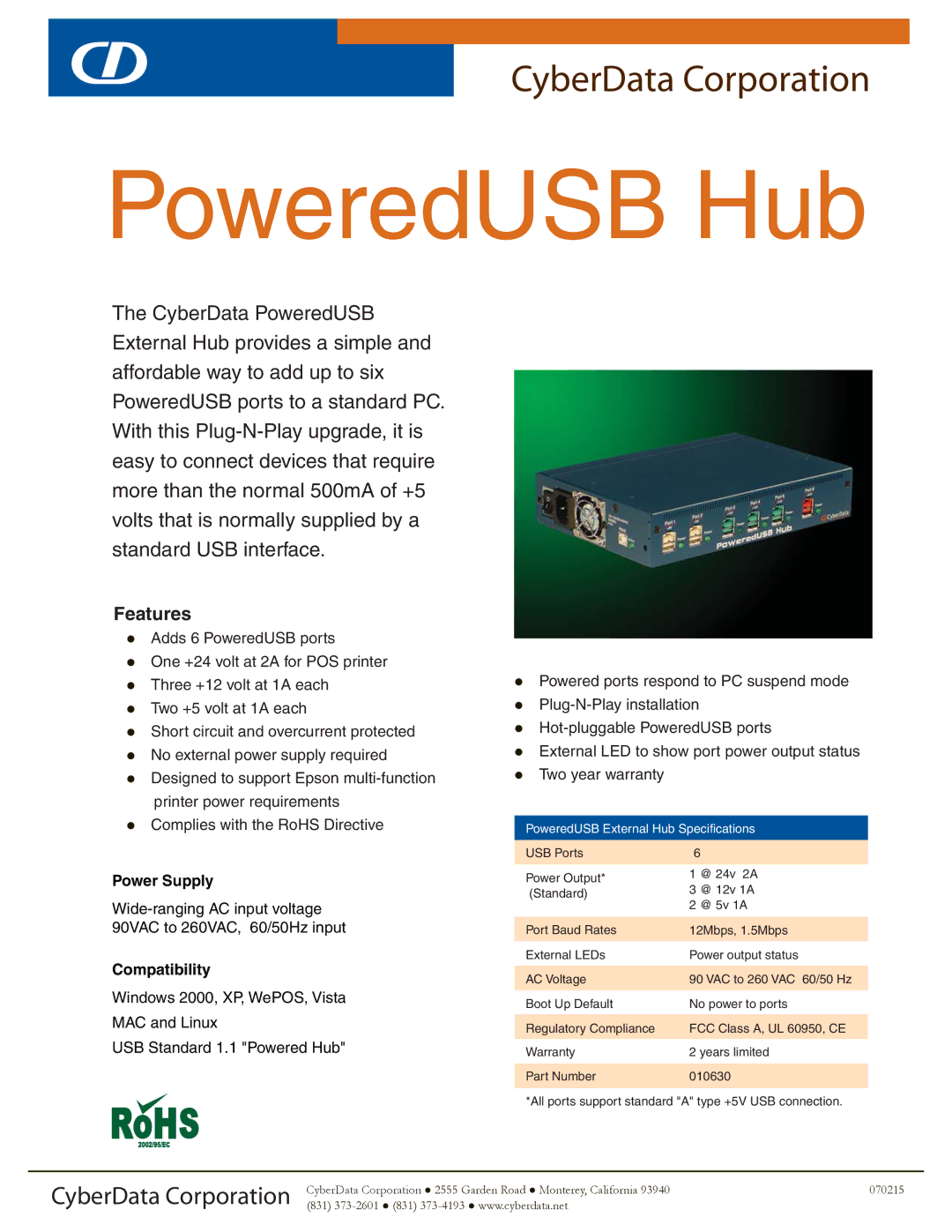 CyberData PoweredUSB Hub warranty Features, Power Supply, Compatibility, PoweredUSB External Hub Specifications 