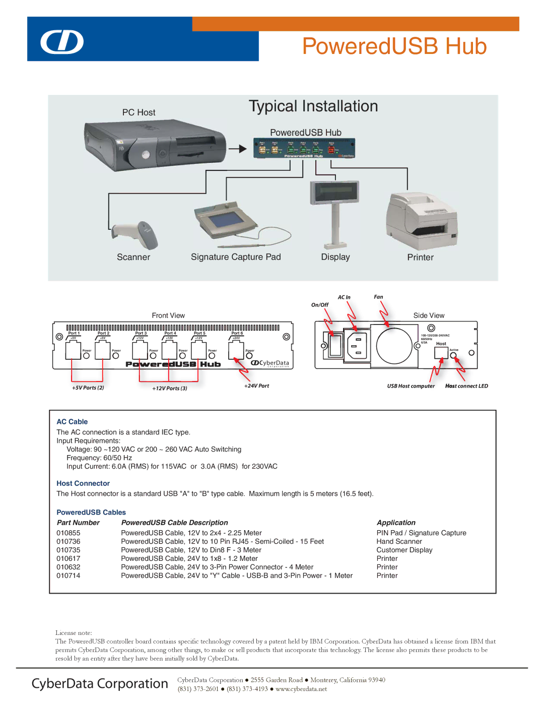 CyberData PoweredUSB Hub Typical Installation, Front View, Side View, Part Number PoweredUSB Cable Description Application 