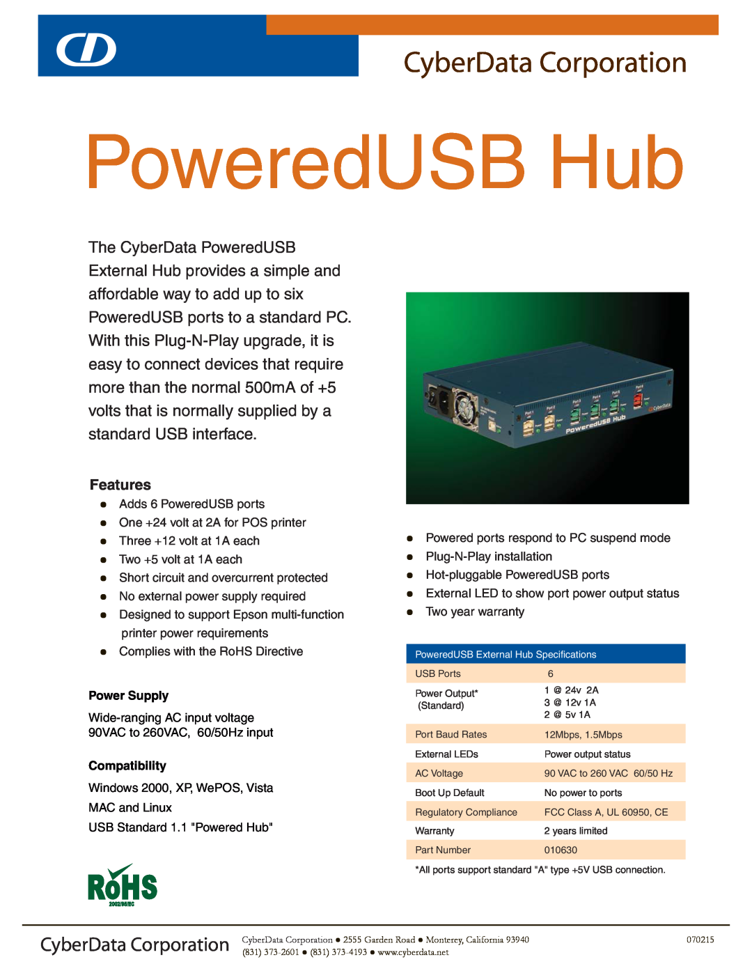 CyberData PoweredUSB Hub warranty CyberData Corporation, Features, Power Supply, Compatibility 