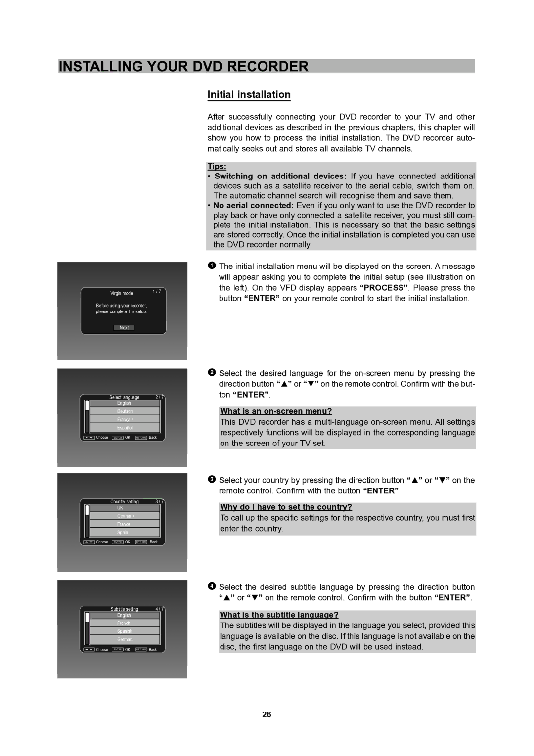 CyberHome Entertainment 1600 user manual Installing Your DVD Recorder, Initial installation, What is an on-screen menu? 