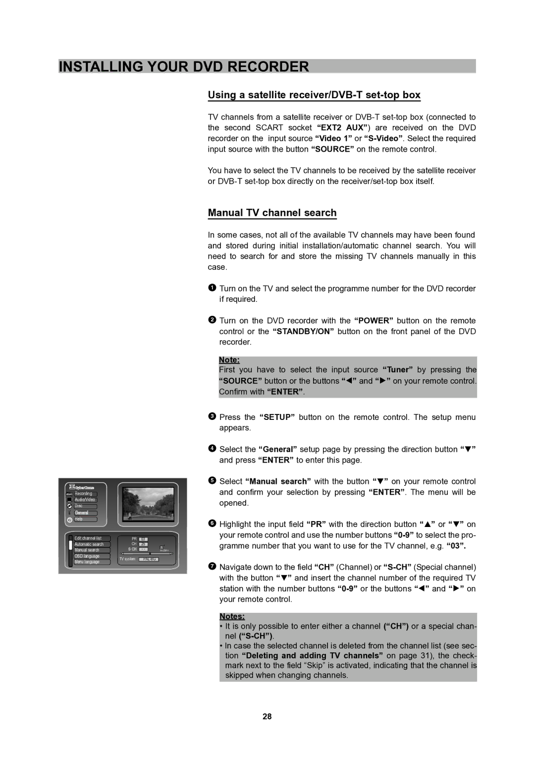 CyberHome Entertainment 1600 user manual Using a satellite receiver/DVB-T set-top box, Manual TV channel search 