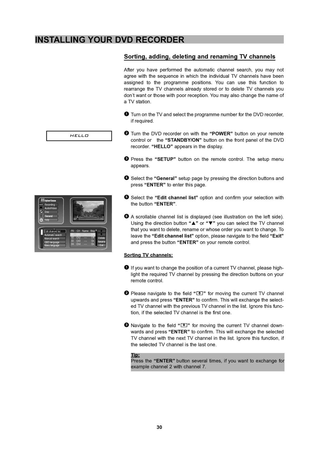 CyberHome Entertainment 1600 user manual Sorting, adding, deleting and renaming TV channels, Sorting TV channels, Tip 