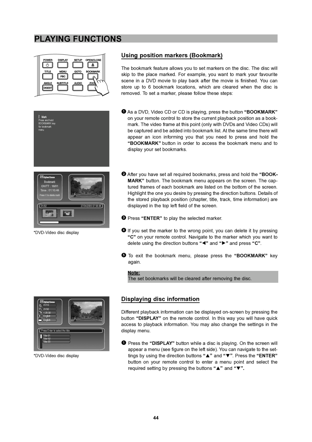 CyberHome Entertainment 1600 user manual Using position markers Bookmark, Displaying disc information 