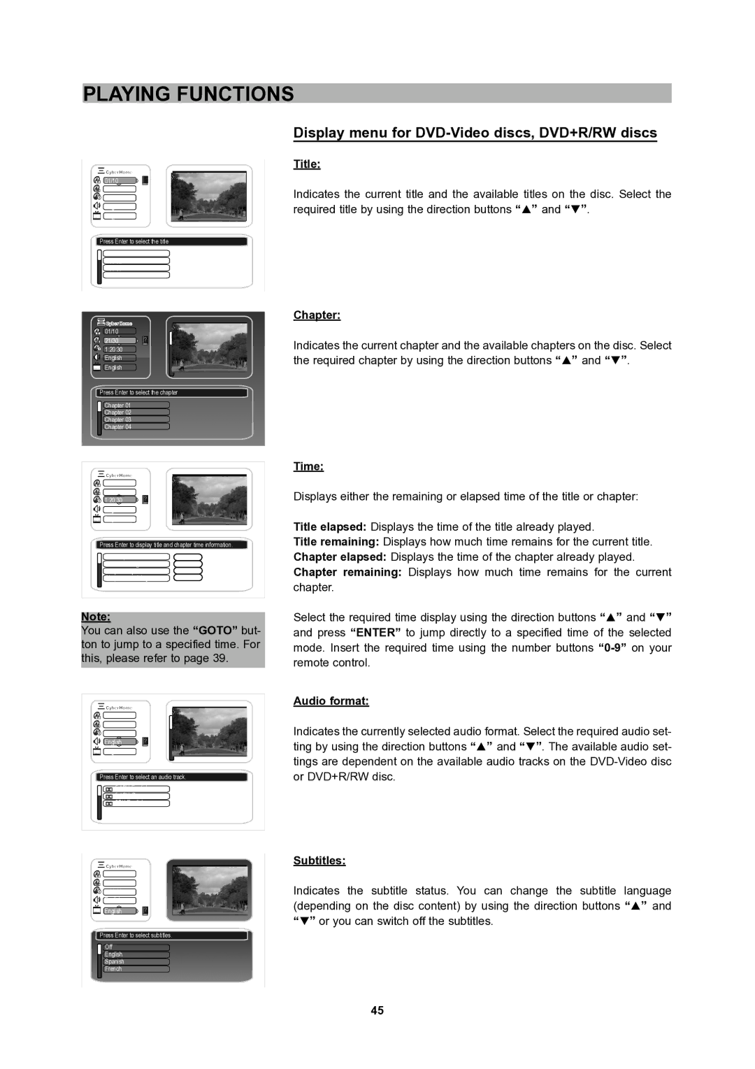 CyberHome Entertainment 1600 user manual Display menu for DVD-Video discs, DVD+R/RW discs 