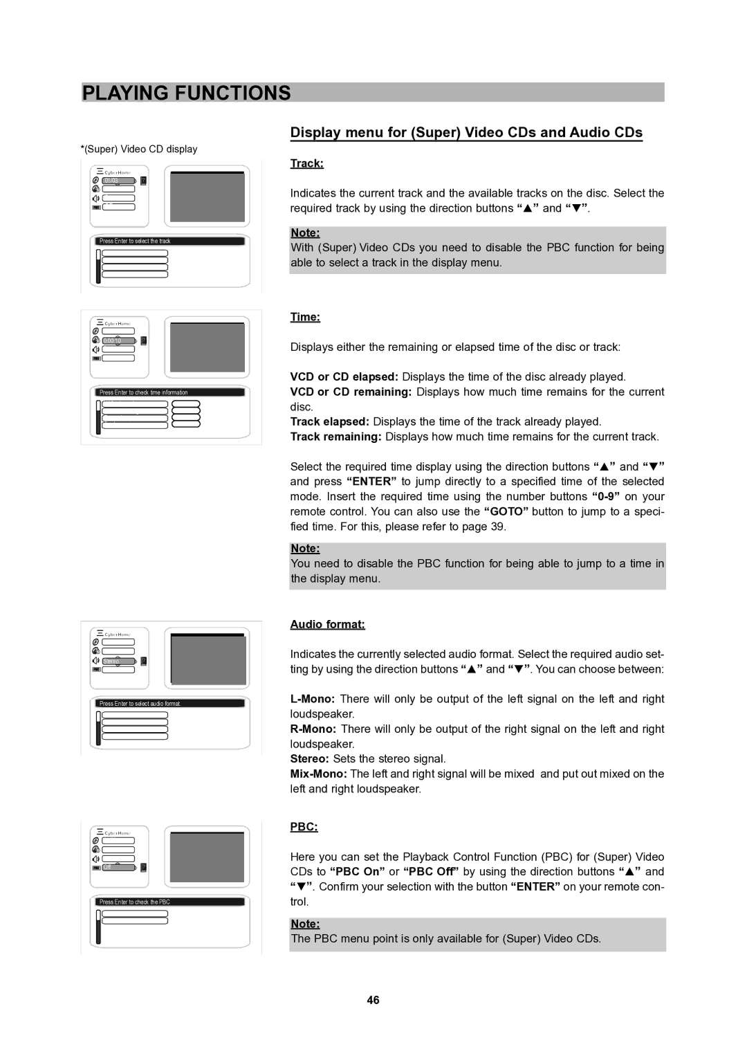 CyberHome Entertainment 1600 user manual Display menu for Super Video CDs and Audio CDs, Pbc 