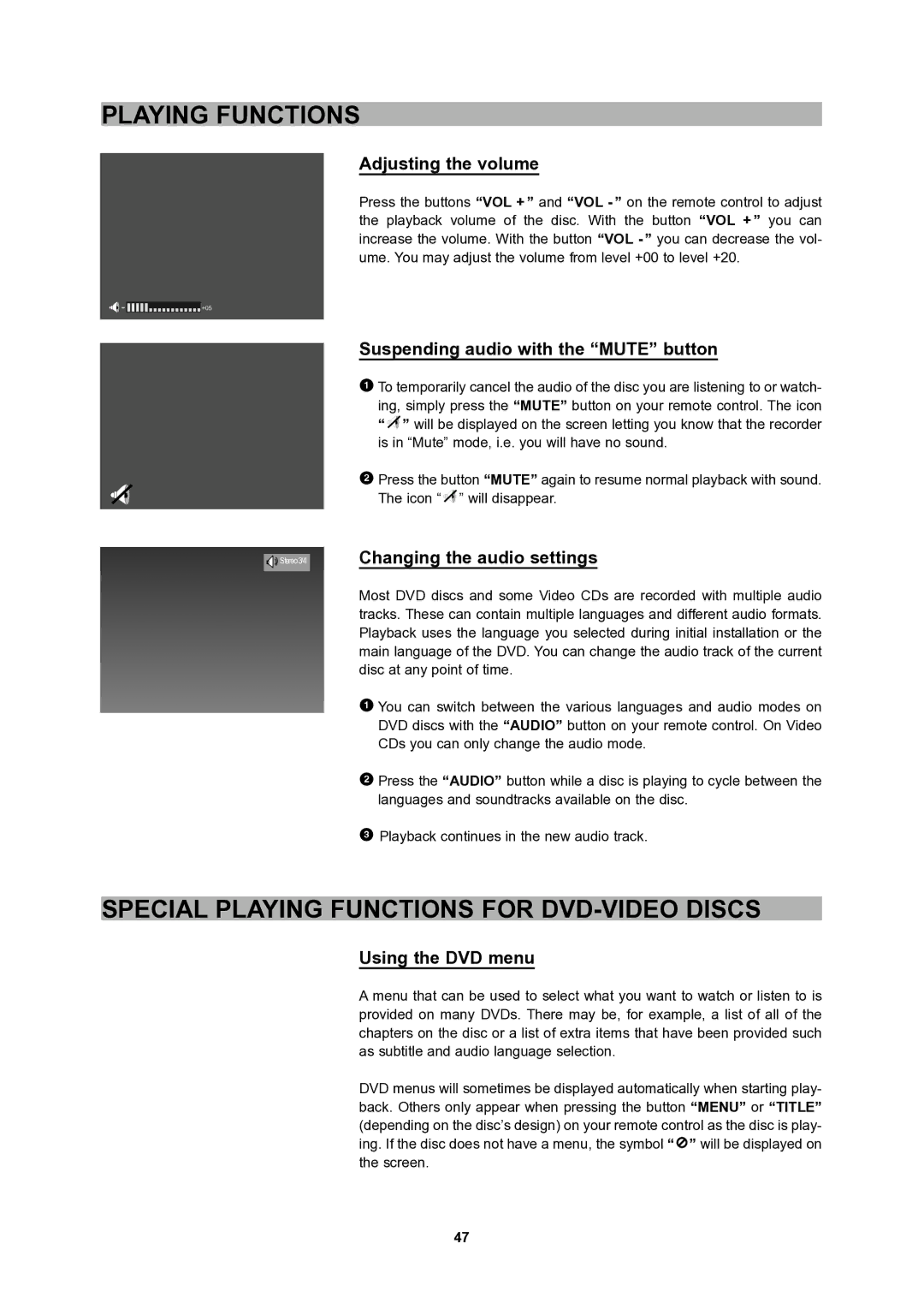 CyberHome Entertainment 1600 Special Playing Functions for DVD-VIDEO Discs, Adjusting the volume, Using the DVD menu 