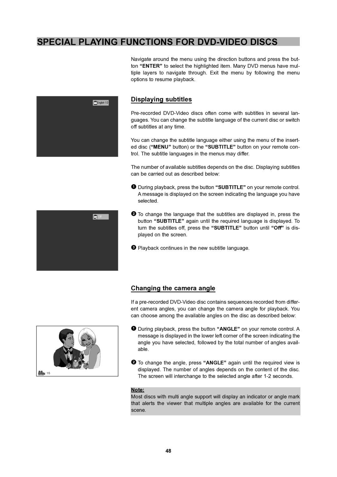 CyberHome Entertainment 1600 user manual Displaying subtitles, Changing the camera angle 