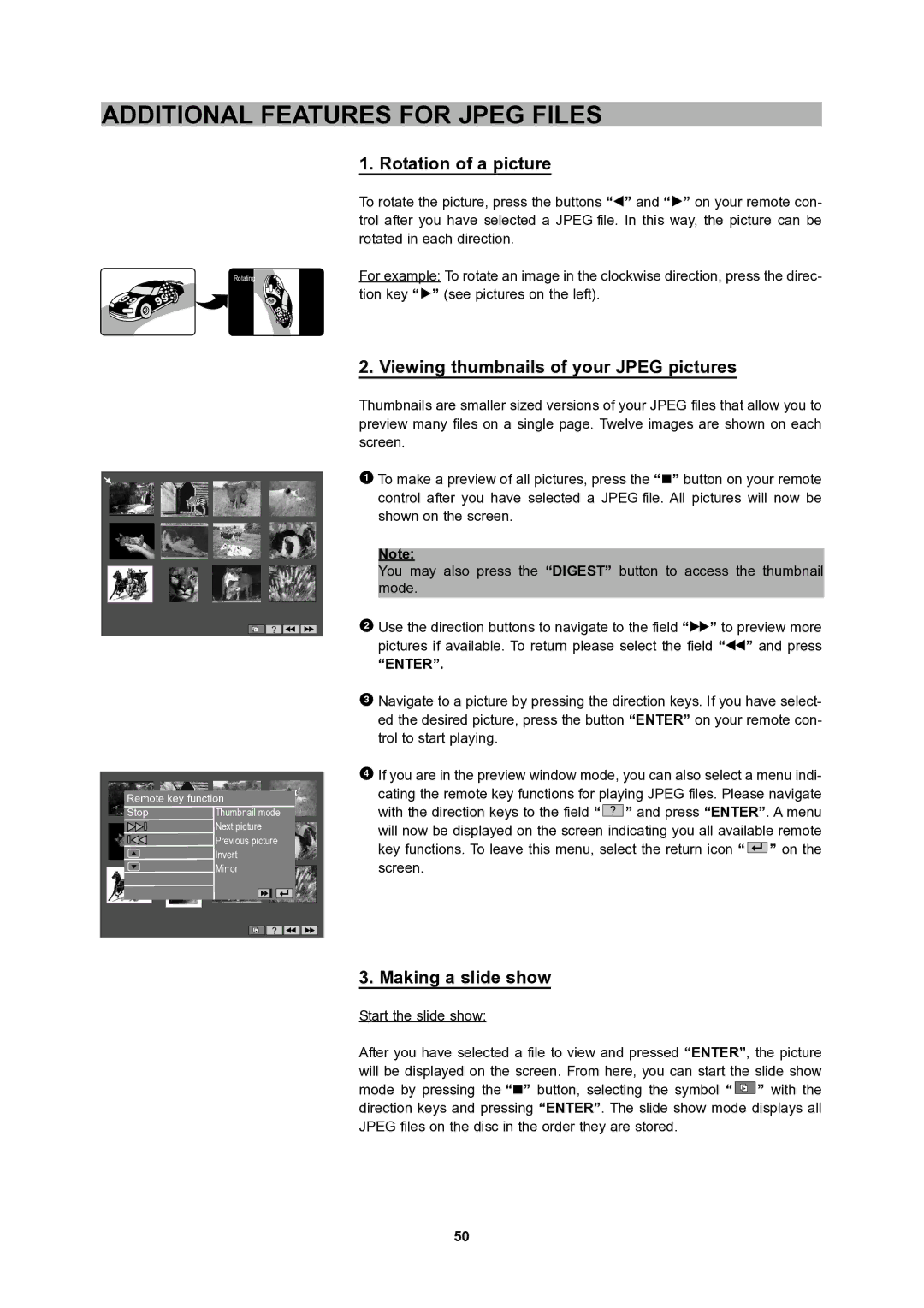 CyberHome Entertainment 1600 user manual Additional Features for Jpeg Files, Rotation of a picture, Making a slide show 