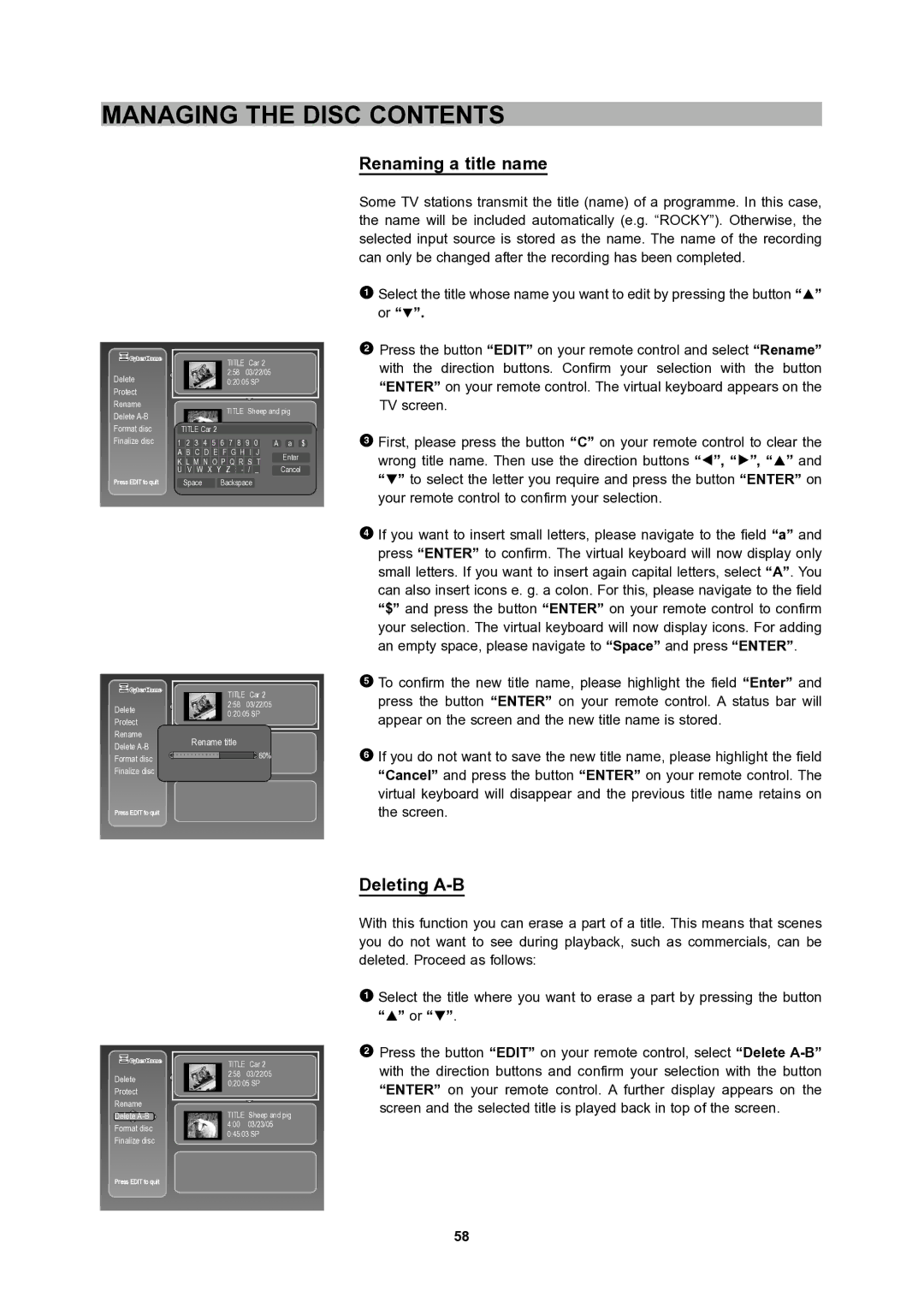 CyberHome Entertainment 1600 user manual Renaming a title name, Deleting A-B 