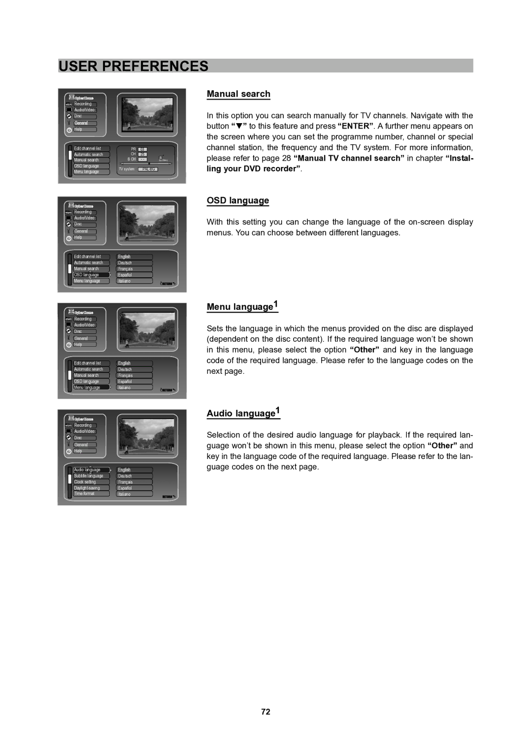 CyberHome Entertainment 1600 Manual search, OSD language, Menu language1, Audio language1, Ling your DVD recorder 