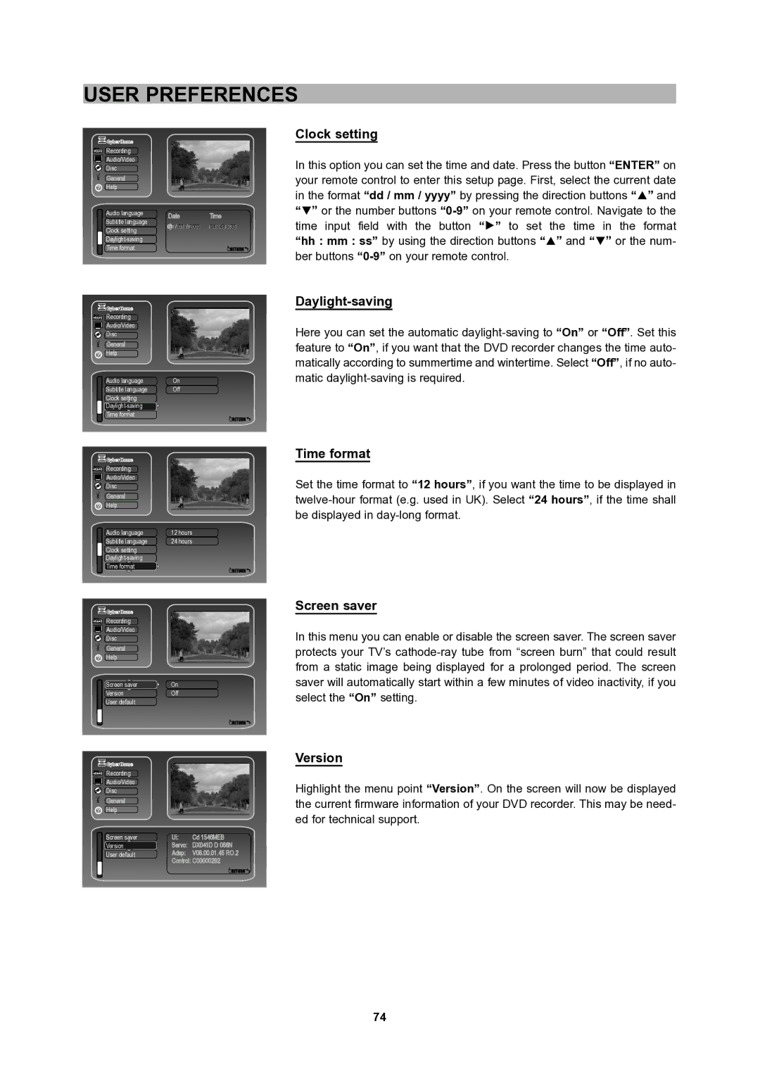 CyberHome Entertainment 1600 user manual Clock setting, Daylight-saving, Time format, Screen saver, Version 