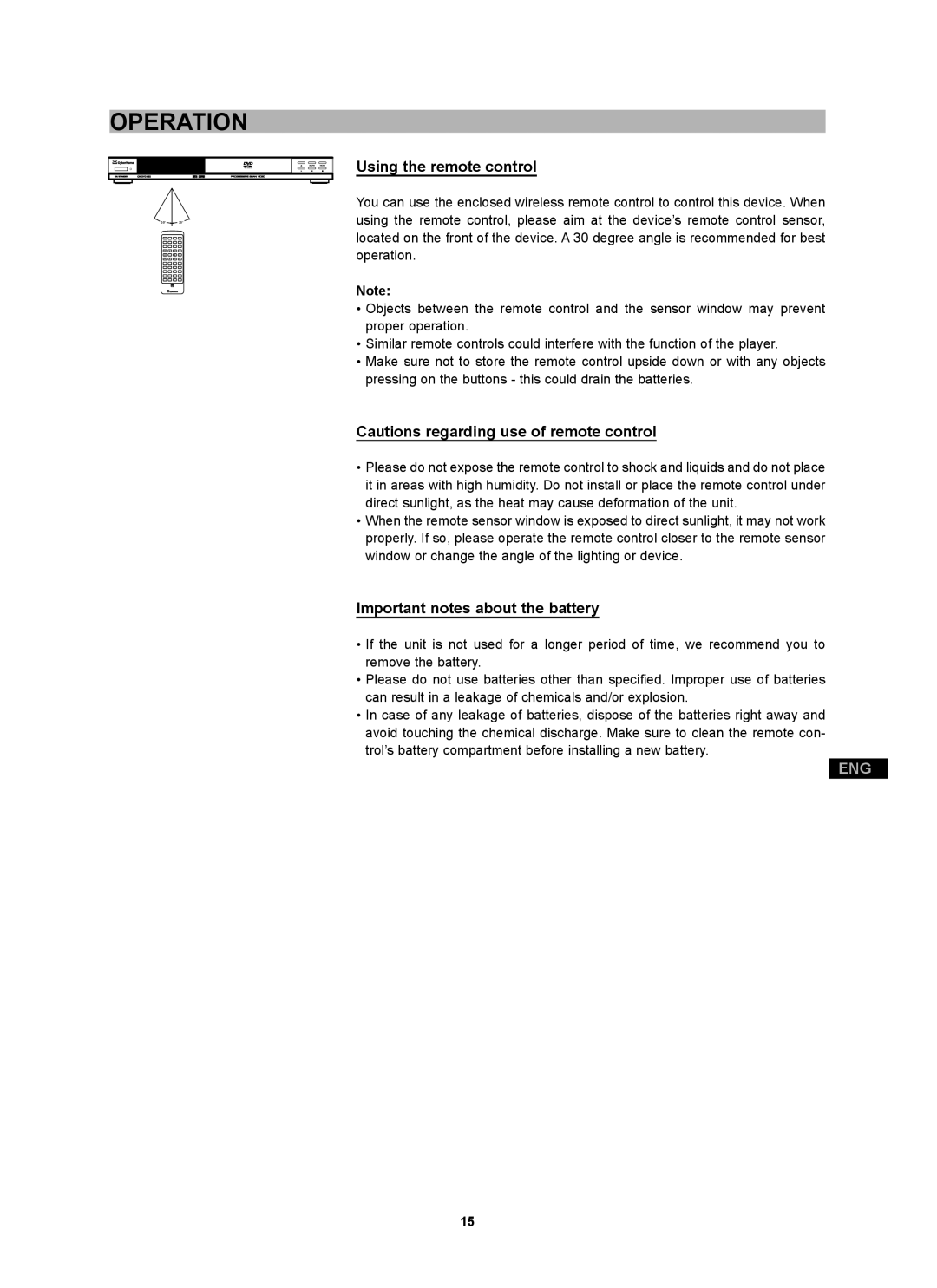 CyberHome Entertainment CH-DVD 452 manual Using the remote control, Important notes about the battery 