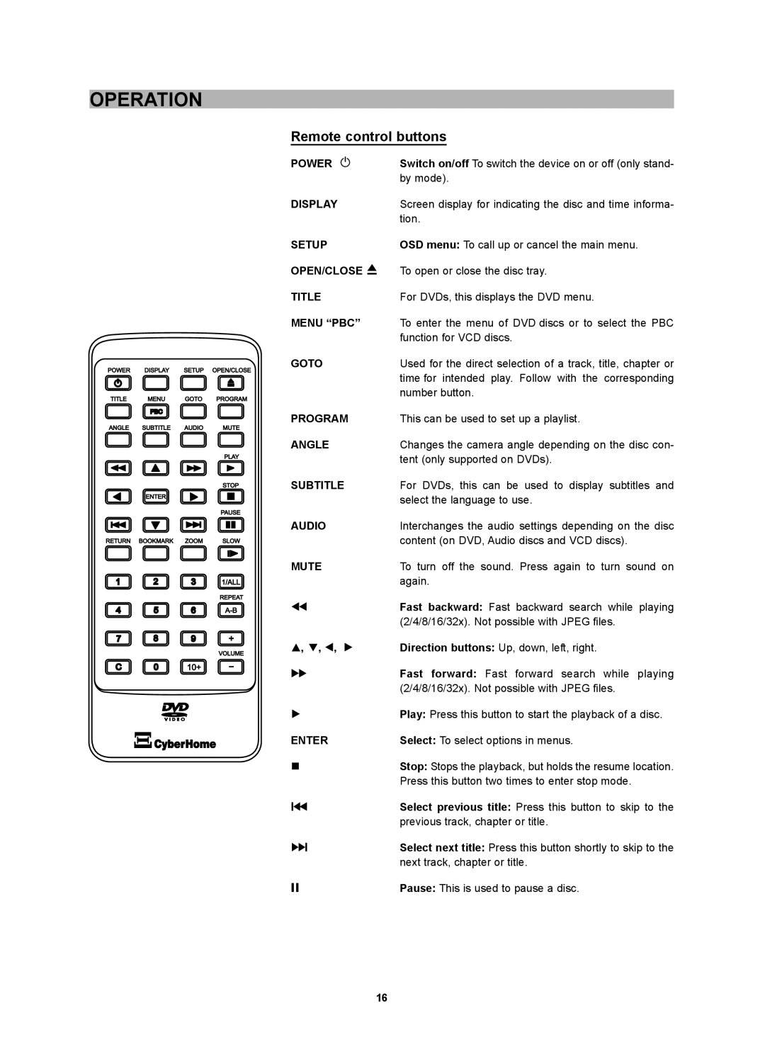 CyberHome Entertainment CH-DVD 452 Remote control buttons, B, a, Play Press this button to start the playback of a disc 