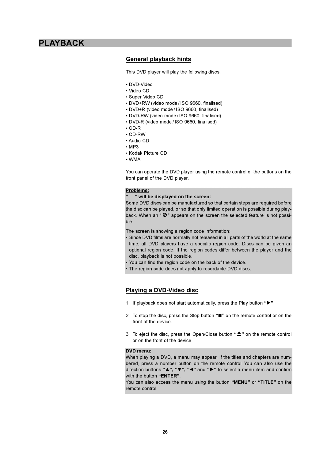 CyberHome Entertainment CH-DVD 452 manual Playback, General playback hints, Playing a DVD-Video disc, DVD menu 