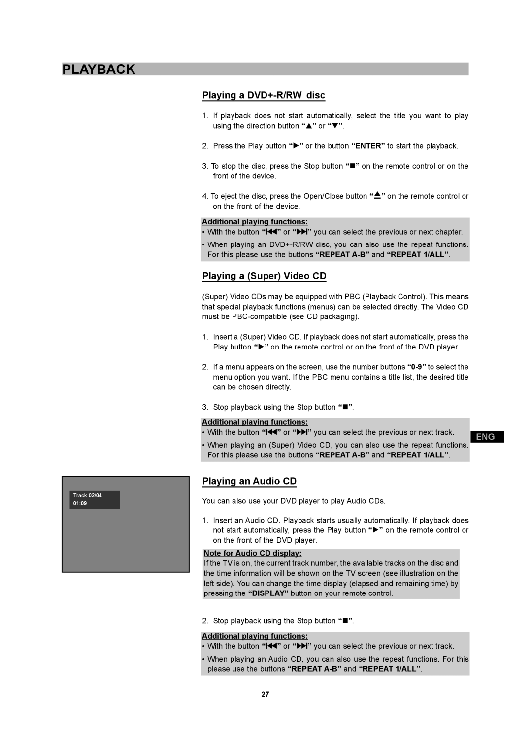 CyberHome Entertainment CH-DVD 452 manual Playing a DVD+-R/RW disc, Playing a Super Video CD, Playing an Audio CD 