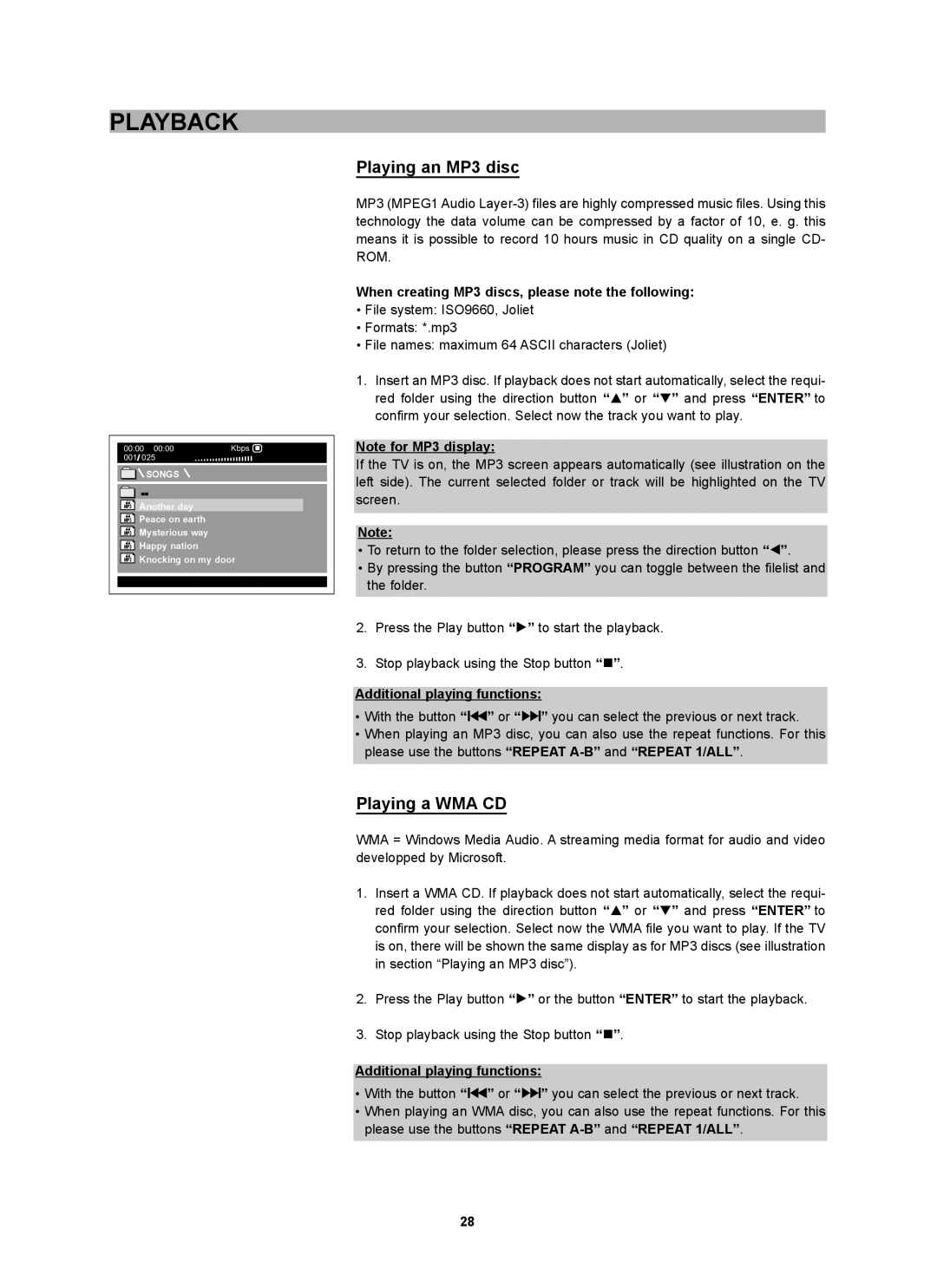 CyberHome Entertainment CH-DVD 452 manual Playing an MP3 disc, Playing a WMA CD 