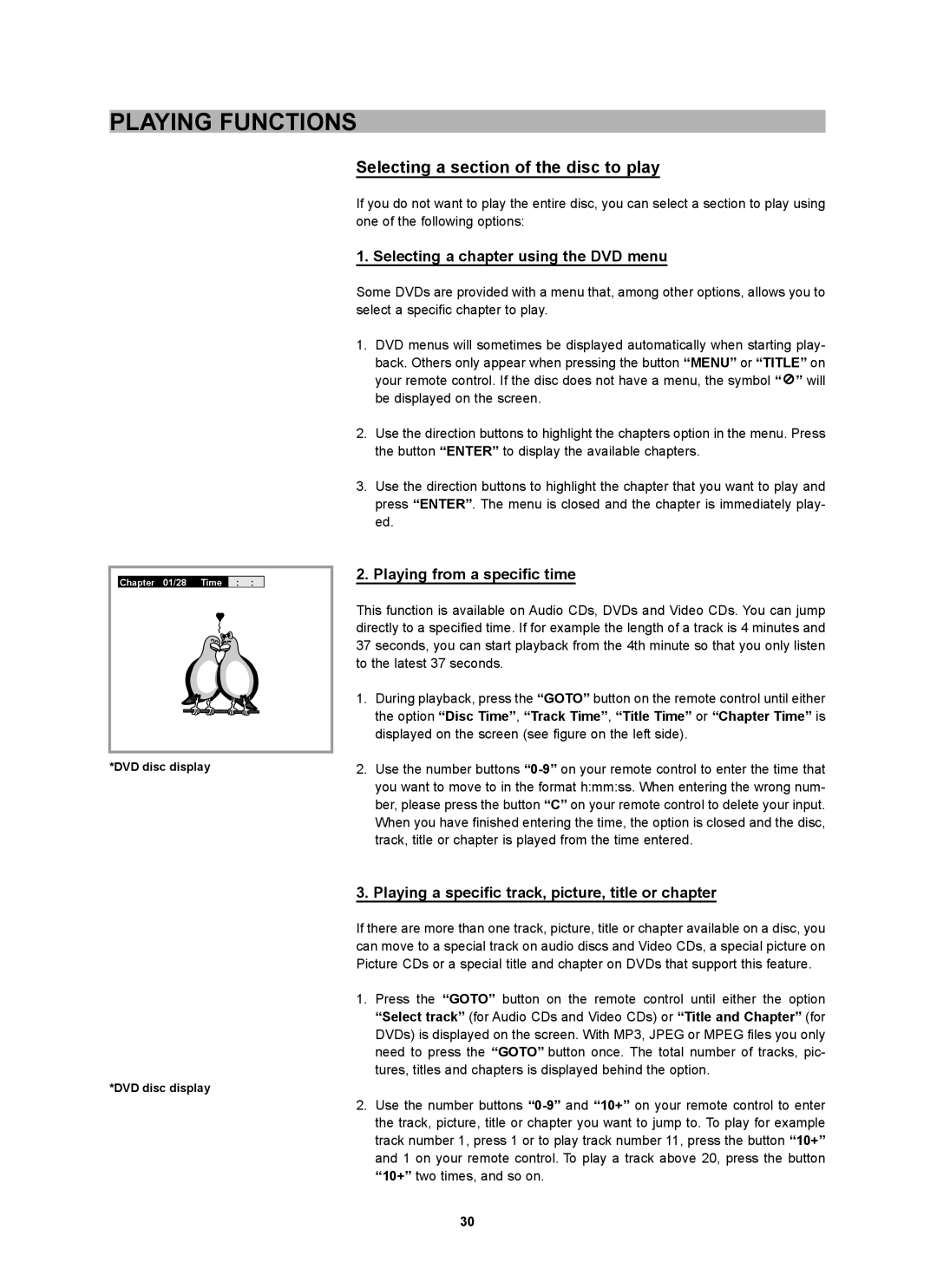 CyberHome Entertainment CH-DVD 452 manual Playing Functions, Selecting a section of the disc to play 