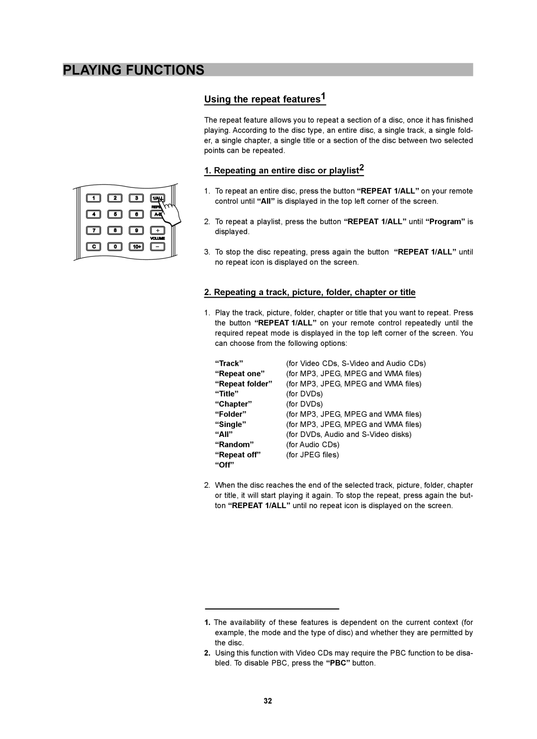 CyberHome Entertainment CH-DVD 452 manual Using the repeat features1, Repeating an entire disc or playlist2, Track 