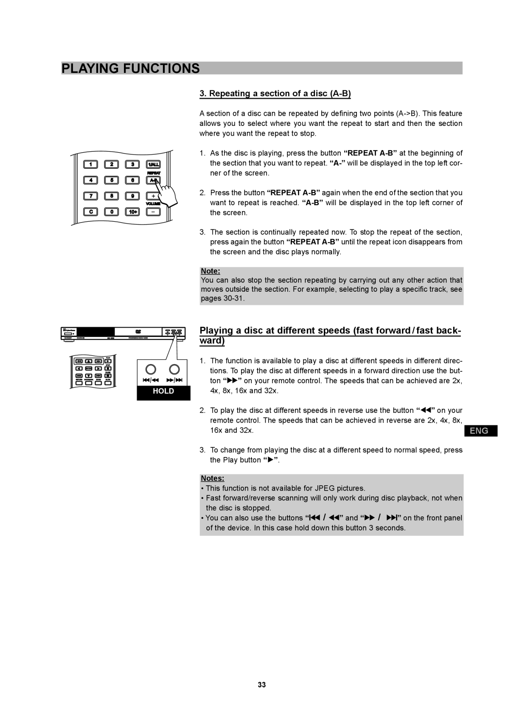 CyberHome Entertainment CH-DVD 452 manual Repeating a section of a disc A-B, Hold 